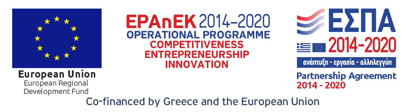 European Union Flag. European Regional Development Fund. ESPA Project Partnership Agreement 2014-2020: ΑΝΑΠΤΥΞΗ-ΕΡΓΑΣΙΑ-ΑΛΛΗΛΕΓΓΥΗ. EPAnEK 2014-2020: OPERATIONAL PROGRAMME COMPETITIVENESS - ENTREPRENEURSHIP - INNOVATION Co-financed by Greece and the European Union